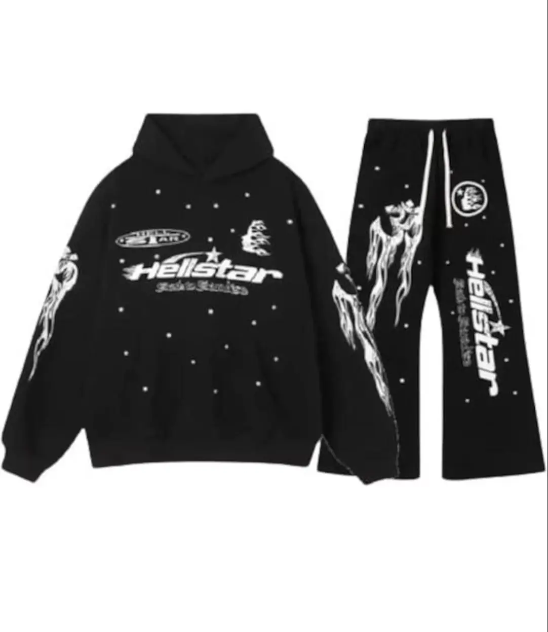 Hellstar Vintage Black Flame Graphic Tracksuit Set, Y2K Streetwear Hoodie & Jogger Pants Set, Unisex Casual Outfit for Men & Women