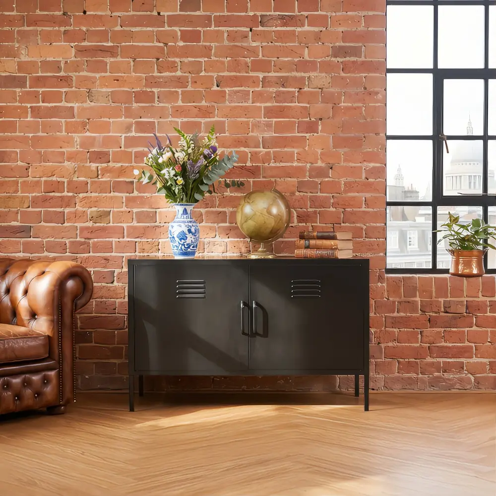 Solid Black Metal 2-Door (Double Door) Flat Modern Industrial Storage Display Cabinet, Sleek Design, Home Decor, Living Room Indoor Cupboard Furniture