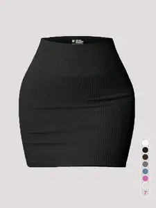 Women's High Waist Ribbed Tightening Skirt, Sporty Short Skirt for All Seasons, Seamless Knit Anti-See-Through, Slimming and Lifted Butt