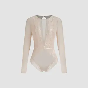 Cider [3 colors, size 2-26] Round Neckline Solid Lace See-through Bodysuit SwimWeek