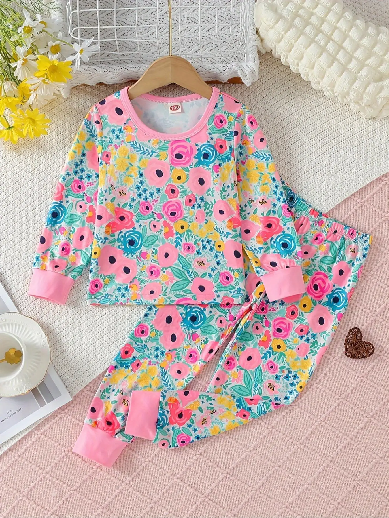 Two-piece Set Girl's Floral Print Long Sleeve Tee & Pants Set, Casual Round Neck Top & Trousers for Spring & Fall, Kids Clothes for Daily Wear