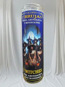 Olofin 7 Brujas Ritual Candle for Abundance & Blessings Blue Glass Aromatherapy with Spanish & English Text