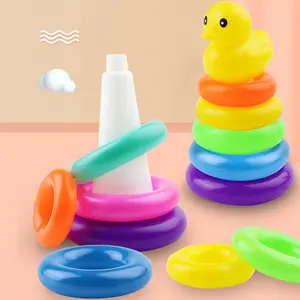 Children's Educational Rainbow Ring Toss Game with Yellow Ducks, Ideal Early Development Toy for Babies 0-3 Years Old