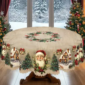 PLUMLIK Vintage Christmas Tablecloth with Santa Claus, Snowman, Christmas Tree Patterns, Christmas Decor 2025, Christmas Party Decoration for Indoor&Outdoor, Christmas Round Rectangular Table Cloth, Holiday Home kitchen Festive Decor, Christmas Gifts