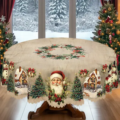 【Moving Season】PLUMLIK Vintage Christmas Tablecloth with Santa Claus, Snowman, Christmas Tree Patterns, Christmas Decor 2025, Christmas Party Decoration for Indoor&Outdoor, Christmas Round Rectangular Table Cloth, Holiday Home kitchen Festive Decor, Shab