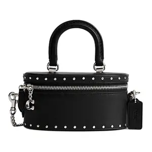 COACH Trail 17 Rivet-Embellished Wraparound Zip Top Handle, Shoulder, and Crossbody Bag for Women, Small Size, Black Leather