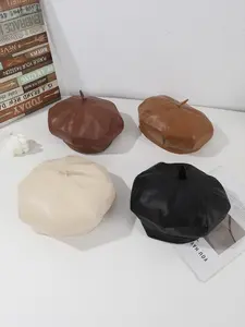 Modern Solid Color Pu Leather Beret, Casual Outdoor Beige Hat for Men & Women, Vintage Style Hat for Daily Wear