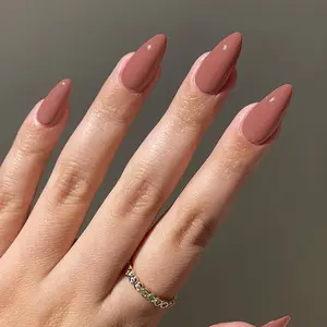 24pcs/Set Solid Color Almond Shaped Fake Nail, Decorative False Nail, Effortless Press On Nail With 1 Stick & 1 Nail File & 1 Sticker Sheet For Women & Girls DIY Nail Art