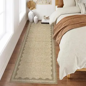 Garvee 2x6 Runner Rug for Hallway Washable Kitchen Rugs Non Slip Solid Tan Jute Digital Printing Modern Soft Low-Pile Scalloped Indoor Carpet for Entryway Laundry Room Floor Mats