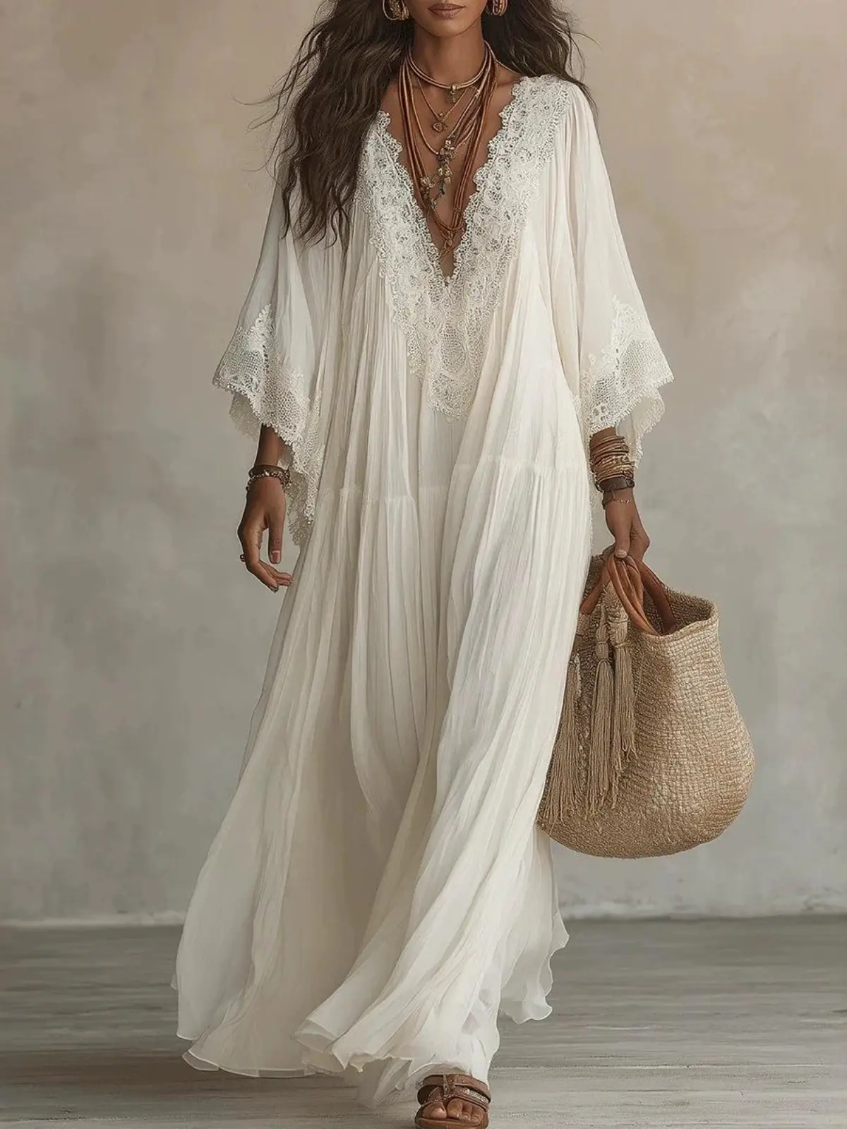Bohemian V-Neck Maxi Dress for Women in Crinkled Chiffon with Hollow Lace Trim and Flowing Batwing Sleeves, Long Dresses, Deep V-Neck, 9/4Th Sleeve, Bat Wing Style Casual Dresses