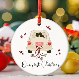 Our First Christmas, Round Ceramic Home Decoration, Christmas Tree Pendant, Window Fireplace Garden Hanging Decorations, Christmas Wedding Home Ornament for Couples, Xmas Just Married Gifts