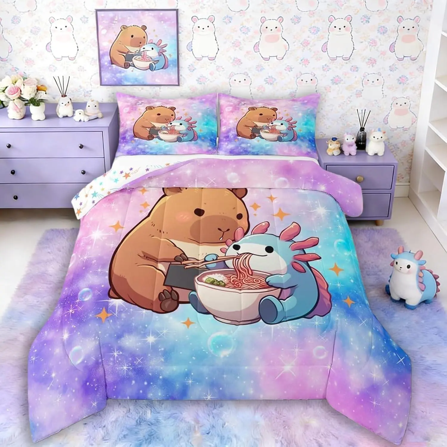 Cartoon Axolotl Comforter Set,Blue Ocean Wild Animals Bed Set,Kids Capybara Animals Lovers Down Comforter for Girls Boys Ombre Watercolor Ink Fluid Art Colorful Galaxy Duvet Insert
