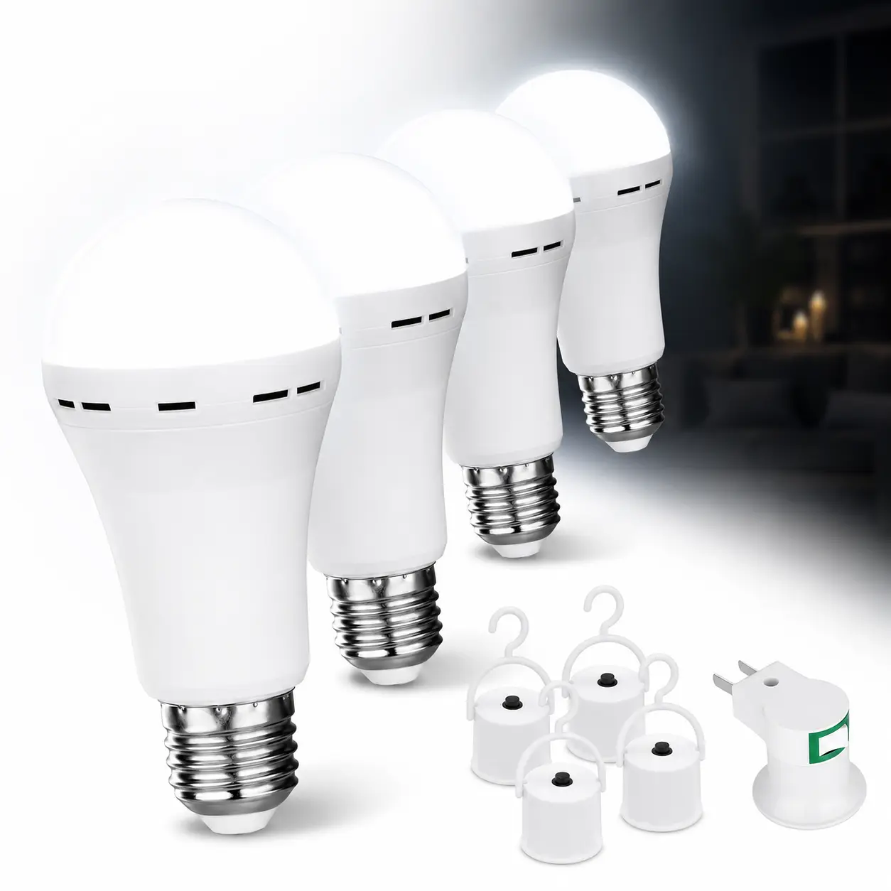 4 Pack Rechargeable LED Light Bulb for Power Outage, 1500mAh Emergency Bulb with Hook, 12W Cool White Light for Home Camping Hiking