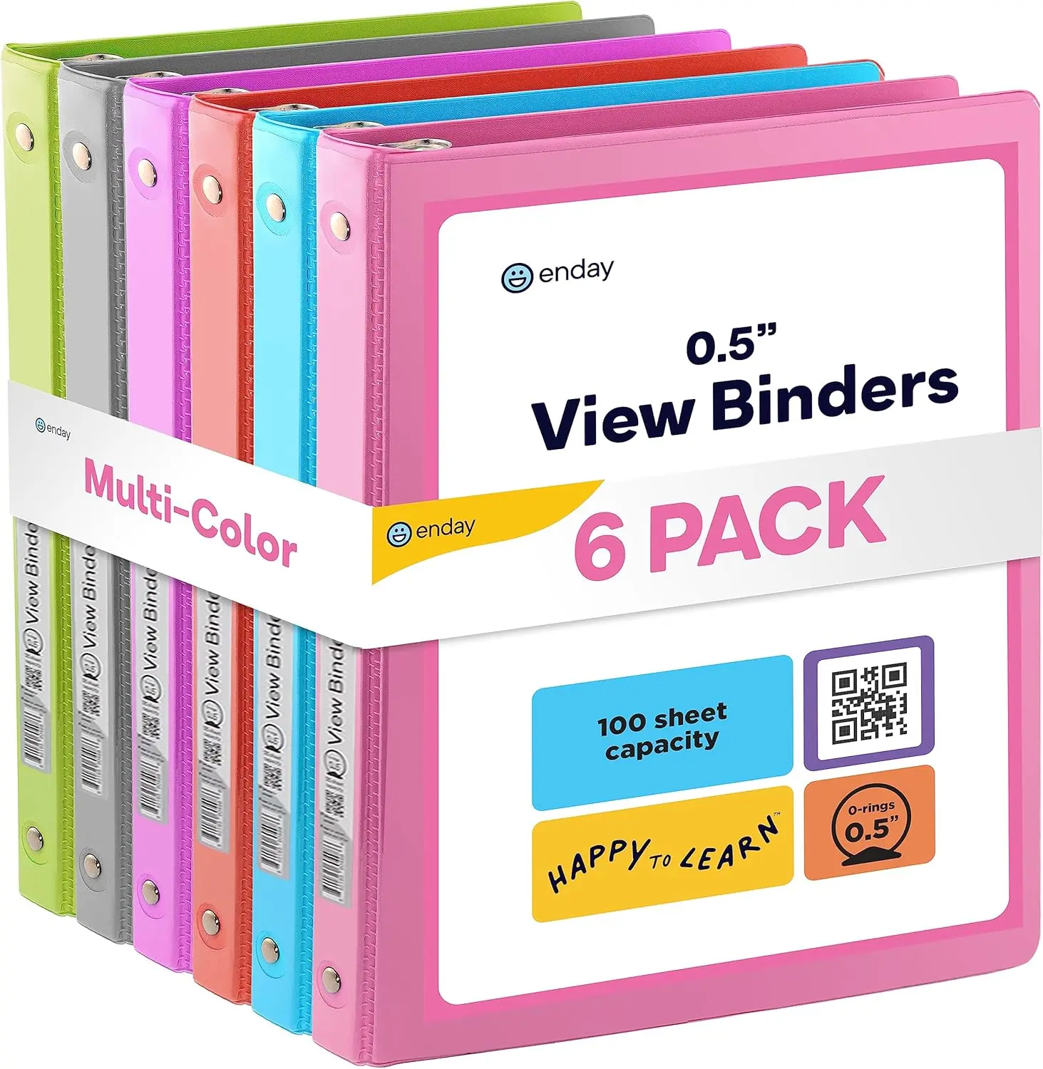 Enday 1/2 inch Binder 3 Ring Binder (6 Pack - Assorted Colors) O-Ring Binder with Clear View Cover and 2 Inside Pocket - for Letter Size 8.5 x 11'' Paper, Ideal for School Supplies, Office, and Home