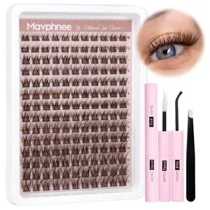 Brown Lash Clusters Kit Natural Dark Brown Eyelash Extensions Kit Wispy Individual Lashes C-Curly Cluster Lashes Extensions with Bond and Seal Lash Glue and Eyelashes Tweezers Lash Kit
