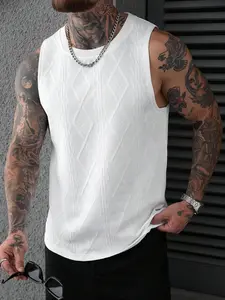 Men's Textured Knit Tank Top, Slim Fit Sleeveless Muscle Shirt, Casual Cable Knit Vest Summer Fashion, Premium Jacquard Streetwear for Men, Breathable Athletic Gym Top, Trendy Urban Style Aesthetic Clothing, White Comfy Pullover Tee for Daily Wear