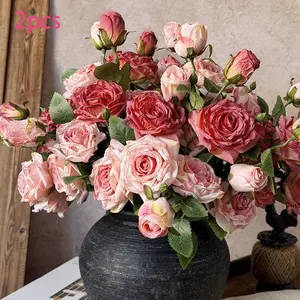 French Style Artificial Flower Single Stem 3-Head Burnt Edge Rose, Vintage Home Living Room Decor, High-Quality Dried Flower Bouquet