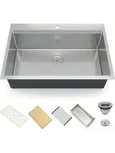 16 Gauge T304 Rustproof Stainless Steel Modern Kitchen Sinks - 30/33 Inch Undermount & Drop-In Topmount Single Bowl Options with Deep Basin, Integrated Ledge, Flat Bottom, Round Corners, Included Parts & 6-Pack Accessories