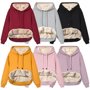 2025 Brushed Hoody Women's Hooded Winter Women's Sweater Lambswool Winter Coat Thick Mid-Length Pullover Top