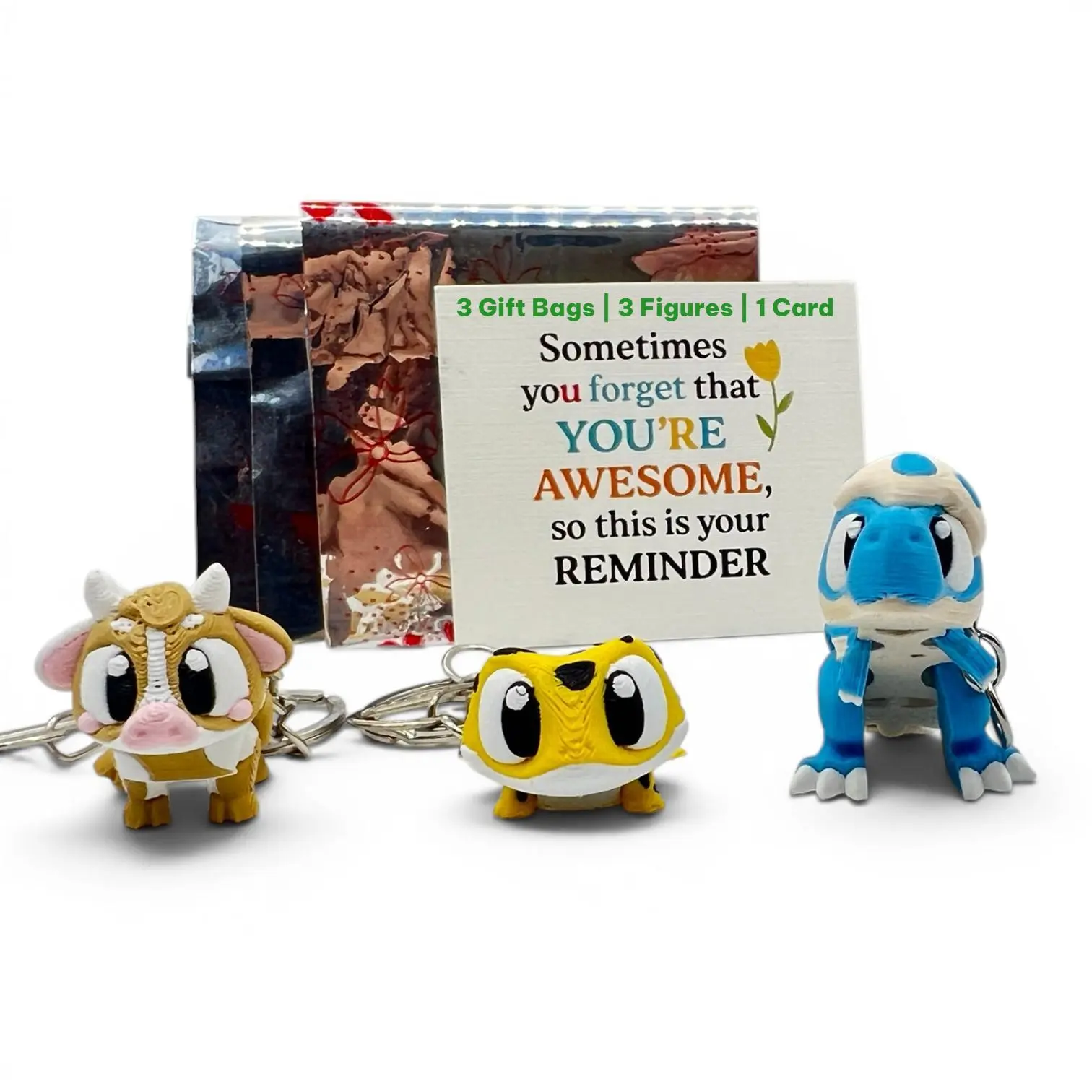 SOULOVER 3 Pack Articulated 3D Printed Animal Keychain Set, Cute Fidget Toys Charms with Gift Bags&Cards, Gifts for All