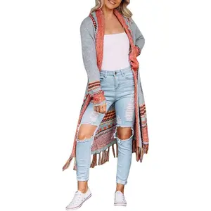 Women Boho Cardigan Sweater Long Open Front Maxi Knit Sweaters Aztec Tribal Tassel Fringe Thin CoatGift
