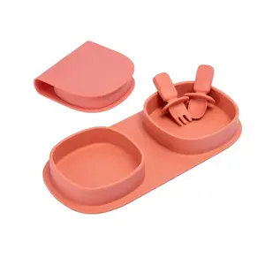 Silicone Foldable Baby Plates with Spoon & Fork – Portable Travel Toddler Dinner Plate, BPA-Free, Microwave & Dishwasher Safe, Reusable Kids Feeding Set