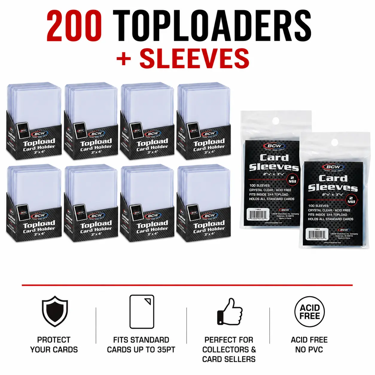 200 BCW 3x4 Toploaders + Penny Sleeves 35pt Trading Card Holders