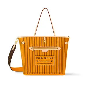 Louis Vuitton Neverfull MM Tote Bag for Women – Striped Detachable Adjustable Strap, Leather-Trimmed, Reversible Design, Orange