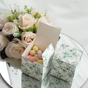 25 Pack White Green Eucalyptus Leaves Print Paper Gift Boxes, Cardstock Party Shower Candy Favor Boxes - 3"x3"x3"
