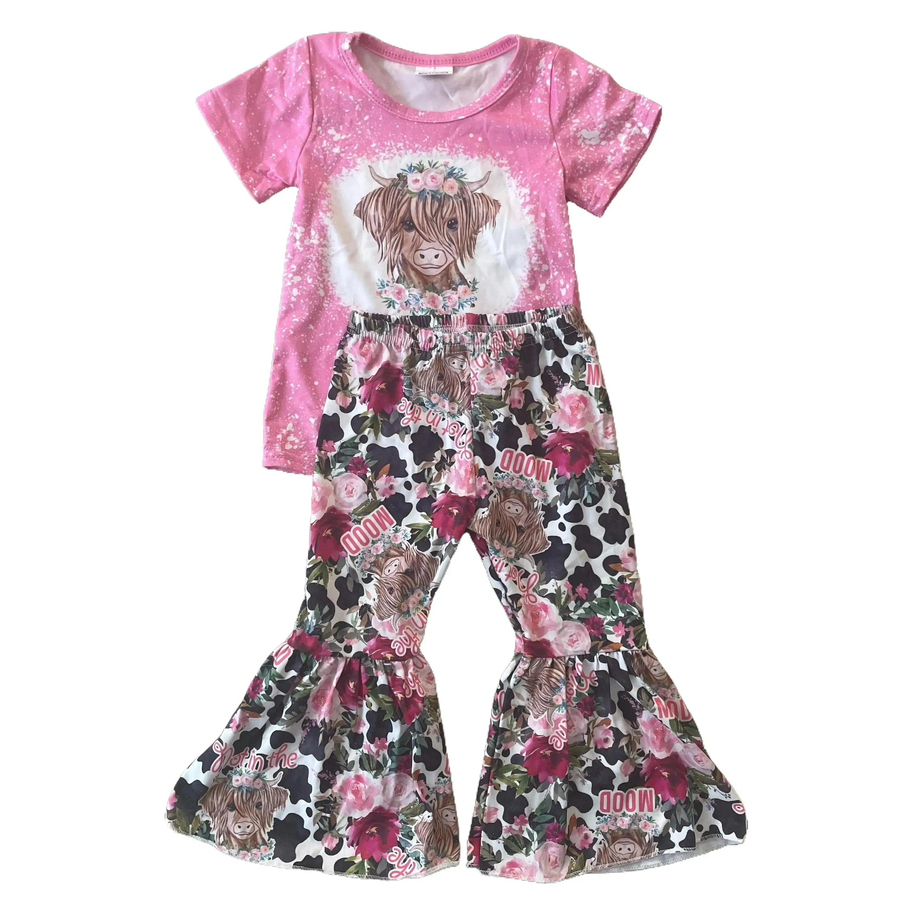Girl Bell Bottom Outfit Highland Cow Westerm Clothing Set Spring Outfit