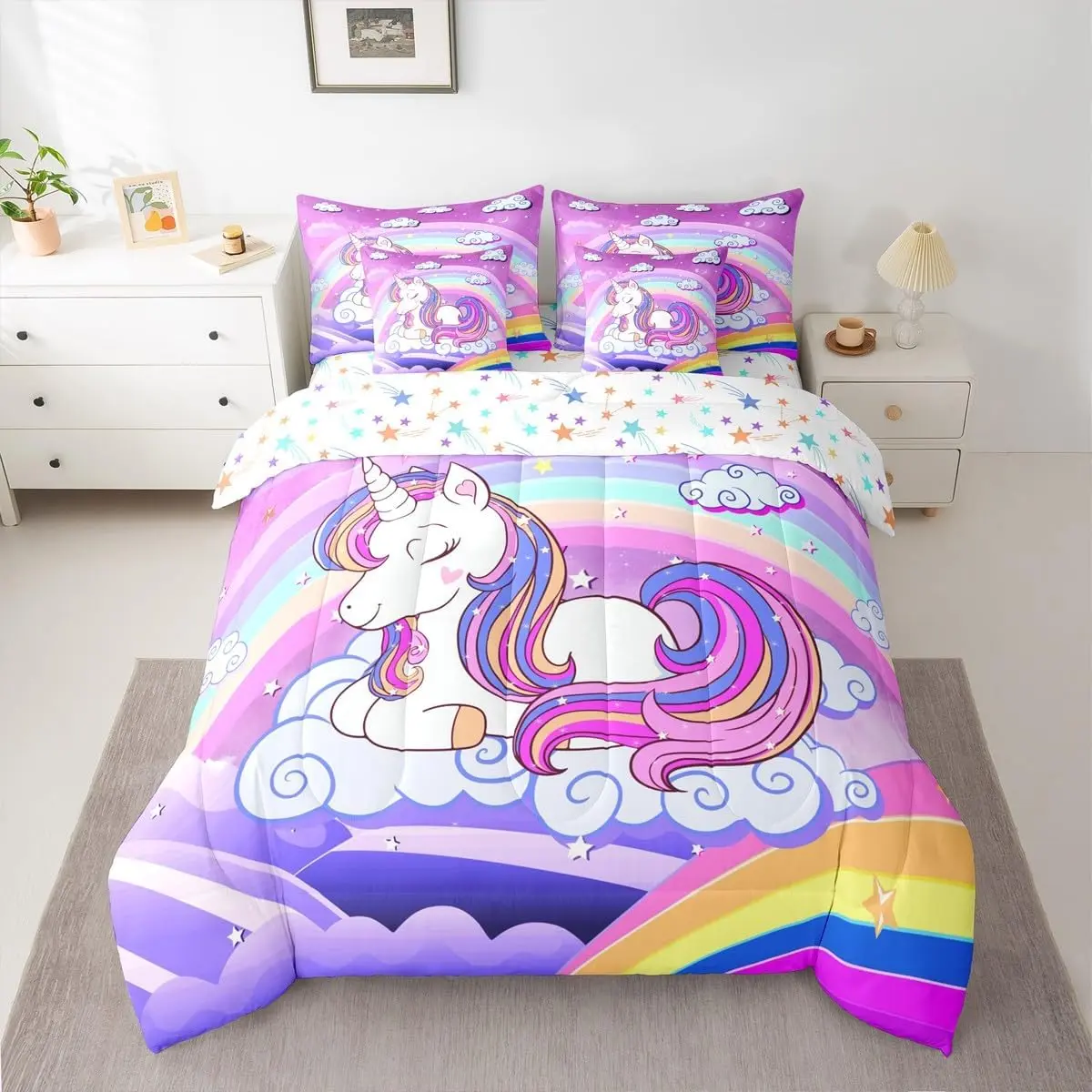 Feelyou Toddler Girl 7-Piece Cartoon Printed Bedding Set - Cozy Cartoon Blanket, Breathable Softness Comforter, Fitted Sheets, Unicorn Cushion Covers, Multi-Size, Machine Washable, Seven Pieces