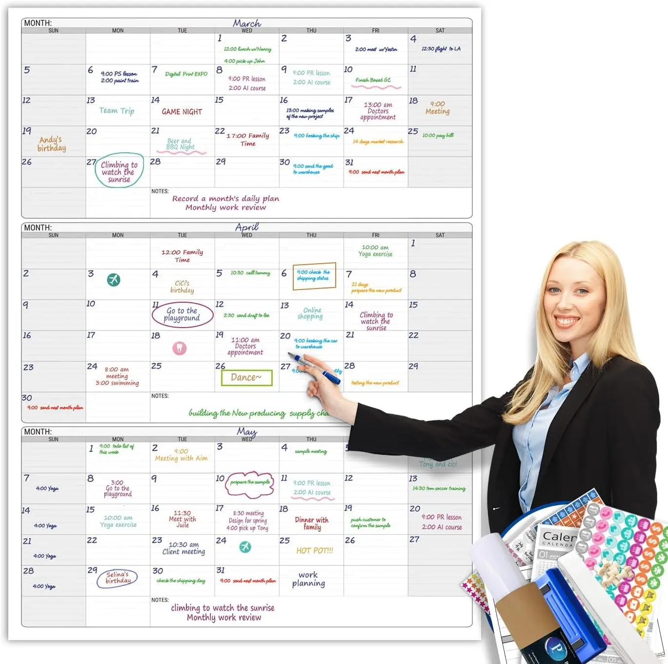 Dry Erase Vertical Three Month Laminated Jumbo Wall Calendar 46 x 63, Huge Quarterly Erasable White Board, Giant 90 day Family Schedule Planner, Large Multi Month Reusable
