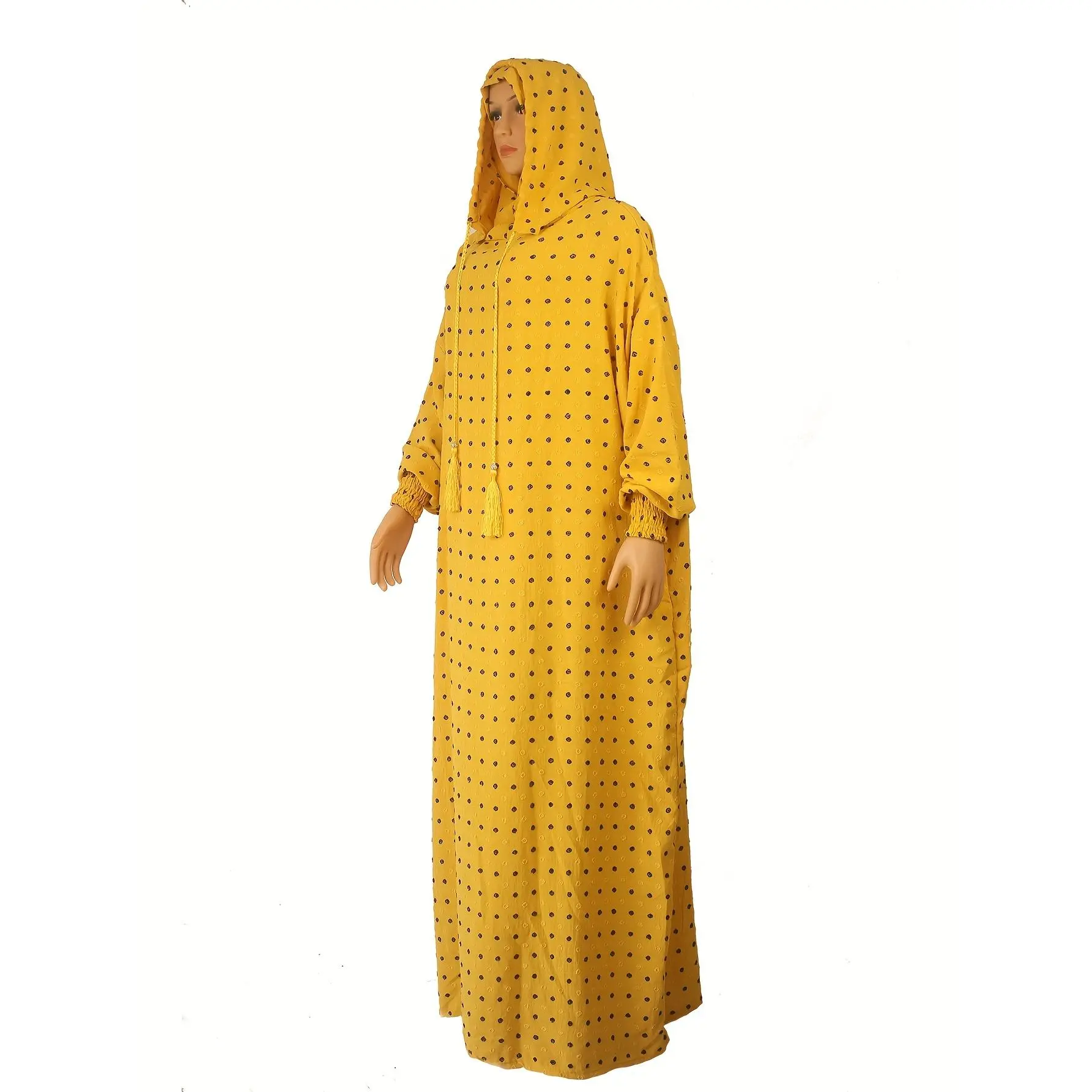 Elegant Plus Size Yellow Polka Dot Abaya - Loose Fit, Lantern Sleeve, Drawstring Hooded Kaftan Dress for Women - Perfect for Casual Wear, Casual Wear Dress | Hooded Kaftan. | Stretchy Fabric