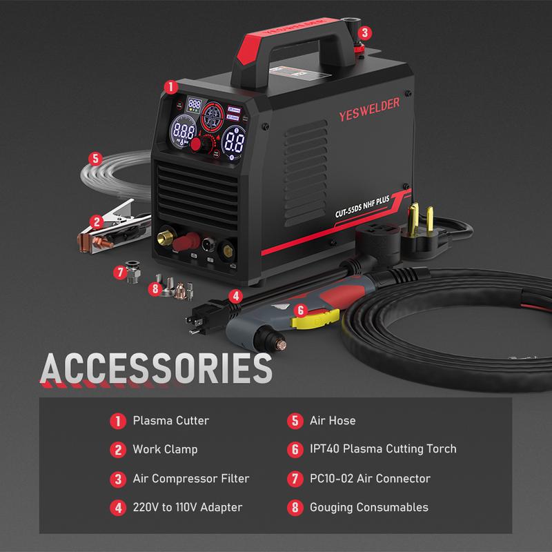 YESWELDER CUT-55DS-NHF-PLUS 110/220V Plasma Cutter 55Amp | Non-HF Start & Non-Touch Pilot Arc | Multifunctional Metal Cutting Machine for Quick Plate/Grid Cutting, Gouging & Marking