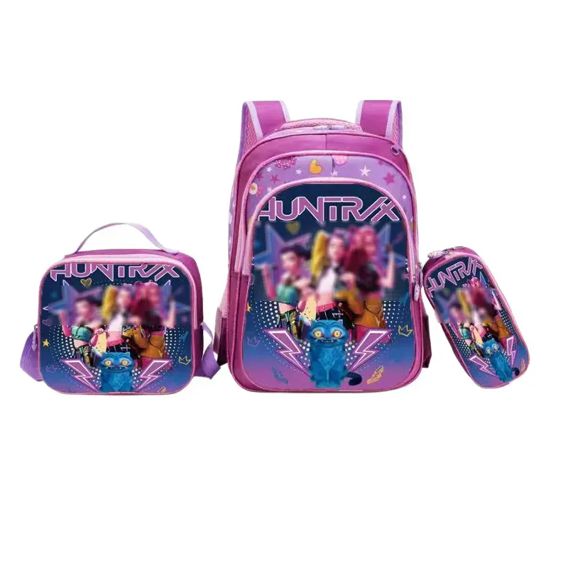 3D KPOP 3-in-1 Back pack Set - HUNTRA Pink Purple LargeCapacity Schoolbag with Insulated Lunch Bag & Pencil Case,Gift for Girls Students