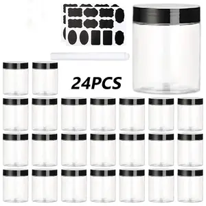 24 Packs 8 oz Plastic Jars with Lids & 2 Stickers & 1 Pen Kit, Clear Plastic Slime Containers for Kitchen and Household Food Storage of Dry Goods, Creams and More, BPA Free