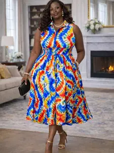 Vibrant Multicolor Ankara Midi Dress – Sleeveless Button-Up Waist-Snatching Flare Dress