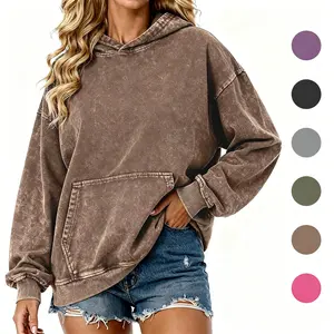 Women's Oversized Acid Wash Cotton Hoodie Minimalist Design Loose Fit with Kangaroo Pocket & Ribbed Cuffs for Fall Winter Fashion Casual Sweatshirts - Womenswear summervibes Unisex