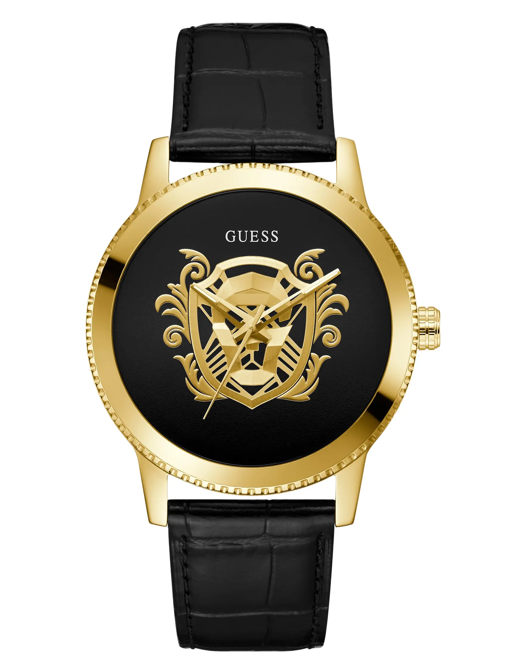 GUESS Male Gold-Tone and Black Analog Leather Watch