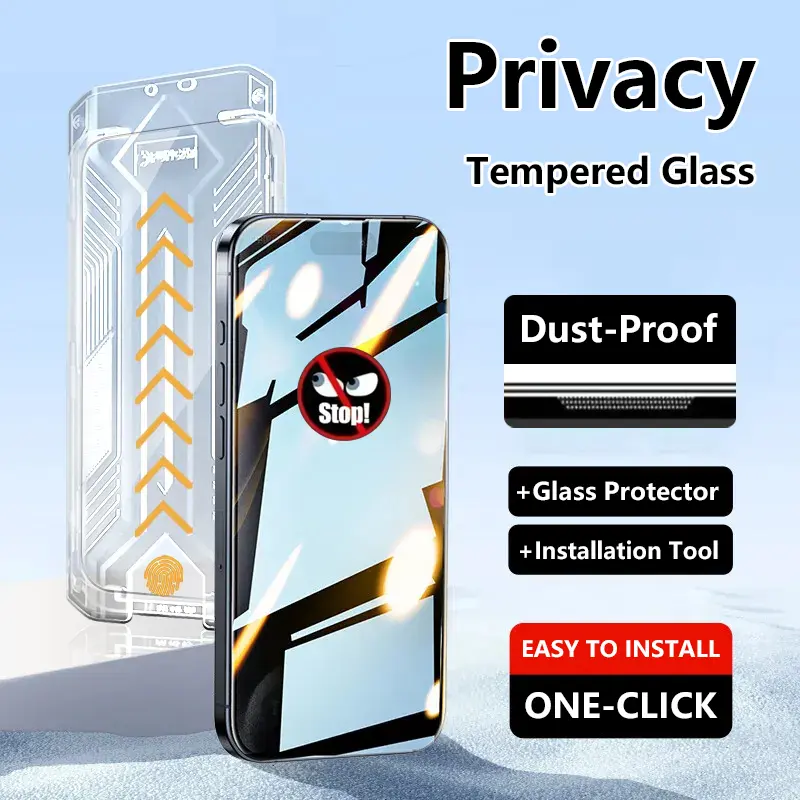 Full Coverage Privacy Tempered Glass Screen Protector with Install Kit Auto-Alignment Kit Compatible with for iPhone 17 Pro Max/17 Pro/16 Pro Max/16 Pro/16 Plus/16/15 Pro Max/15 Pro/14 Pro/13/12Pro Max, Anti-Fingerprint, Anti-Fall, Anti-Scratch