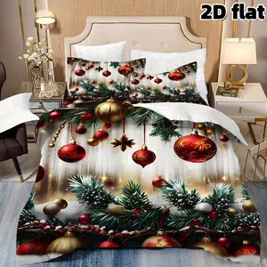 2D Flat 3Pcs Christmas Ornament Duvet Cover Holiday Bedding Decorative Bedding Set Red Gold Baubles Pine Tree Winter Festival Decor Soft Microfiber Bedding (1 Duvet Cover+2 Pillowcases, Unfilled) Bedroom Home Decoration Christmas Gift