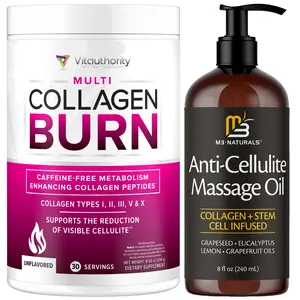 Ultimate Cellulite Support Bundle | M3 Anti Cellulite Massage Oil (8 oz) + Vitauthority Multi Collagen Burn Powder (30 Servings) | Smooth Skin, Metabolism & Beauty Support