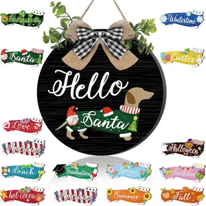 16 Pcs Interchangeable Dog Wooden Door Hanger Ornaments Rustic Dachshund Seasonal Home Sign Replaceable Hanging Vertical Welcome Sign Front Door Porch Decor for Wall Outdoor Xmas Fall Decor (Black)