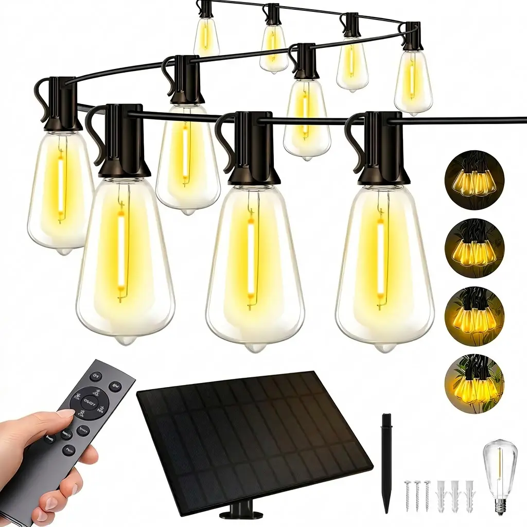DAYBETTER 50-200FT Solar String Lights Outdoor Waterproof, Solar Patio Lights with Remote Control & Dimmable ST38 Edison Bulbs Shatterproof,Solar Powered String Lights for Outside Garden Backyard