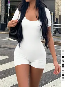Y2K Aesthetic Style Tight-Fitting Romper, U-Shape Square Neck, Soft Elastic Fabric, Perfect for Daily, School & Friend Dates