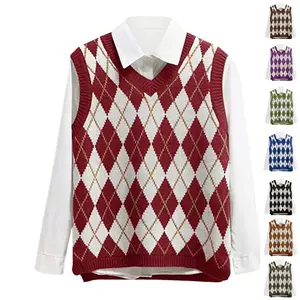 Lannew Women's V Neck Knit Sweater Vest Argyle Plaid Preppy Style Sleeveless Crop Knitwear Tank
