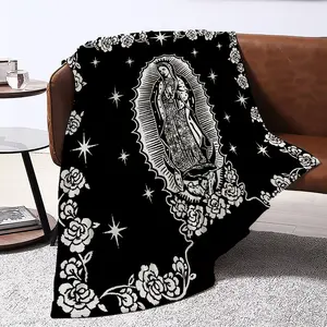 1pc Flannel Prayer Blanket, Virgin Mary Printed, Super Soft Warm Micro Fleece, Lightweight Plush Comfortable, Double Blanket for Bed, Sofa, Travel, Camping, Lodge Style, Geometric-pattern, Washed Polyester, 250-300 g/ ㎡ , All Seasons