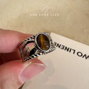 SheLuxeLife | Retro Maillard Tiger Eye Ring – Adjustable Size, Open Ring Design