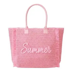 Summer Club Straw Fringe Tote – Pink