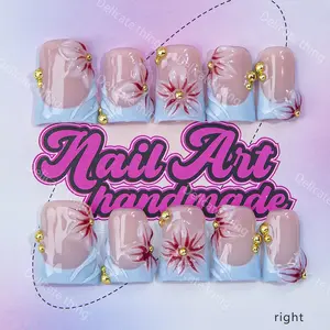 Delicatething Y2K Style Duckbill Nail Set, Handmade Nails, Handmade French Design with Beads, Nail Art Design, Nail Art Supplies, Includes Adhesive Jelly Glue & Dead Skin Pusher, Perfect Gift for Women